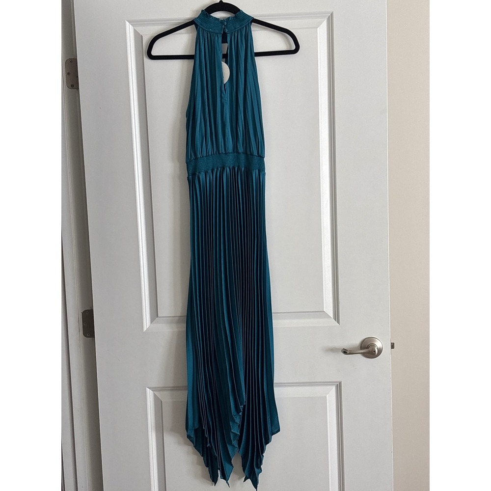 Anrabess Dark Teal Pleated Halter Midi Dress NWT Asymmetrical Hem Size M - Picture 4 of 6